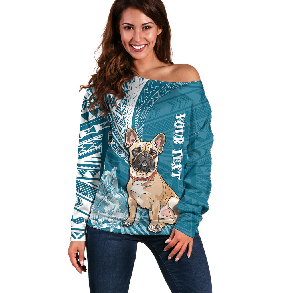 Personalised Polynesian Pacific Bulldog Off Shoulder Sweater With Teal Hawaii Tribal Tattoo Patterns LT7 Women Teal - Polynesian Pride