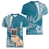 Personalised Polynesian Pacific Bulldog Women V Neck T Shirt With Teal Hawaii Tribal Tattoo Patterns LT7 - Polynesian Pride