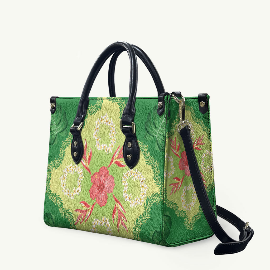 Hawaii Quilt Inspired Collection Aloha Flowers Leather Bag Plumeria - Ti Leaf Lei LT7 Green - Polynesian Pride