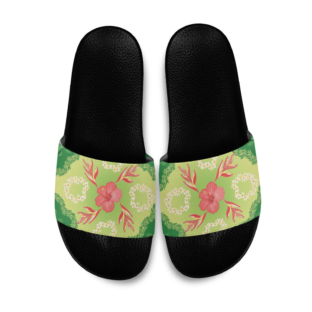Hawaii Quilt Inspired Collection Aloha Flowers Slide Sandals Plumeria - Ti Leaf Lei