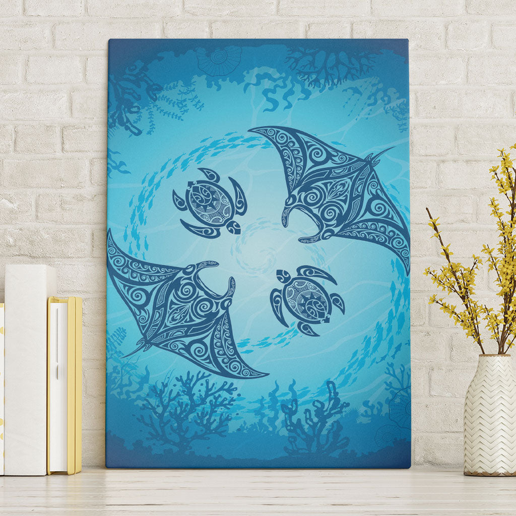 Hawaii Quilt Inspired Collection Aloha Sea Canvas Wall Art Manta Ray and Turtles LT7 Without Frame Cerulean - Polynesian Pride