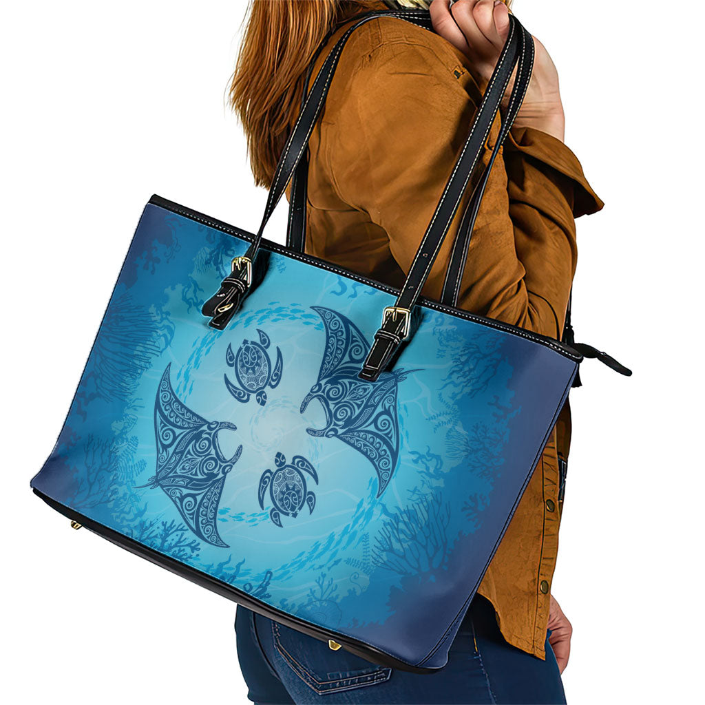 Hawaii Quilt Inspired Collection Aloha Sea Leather Tote Bag Manta Ray and Turtles