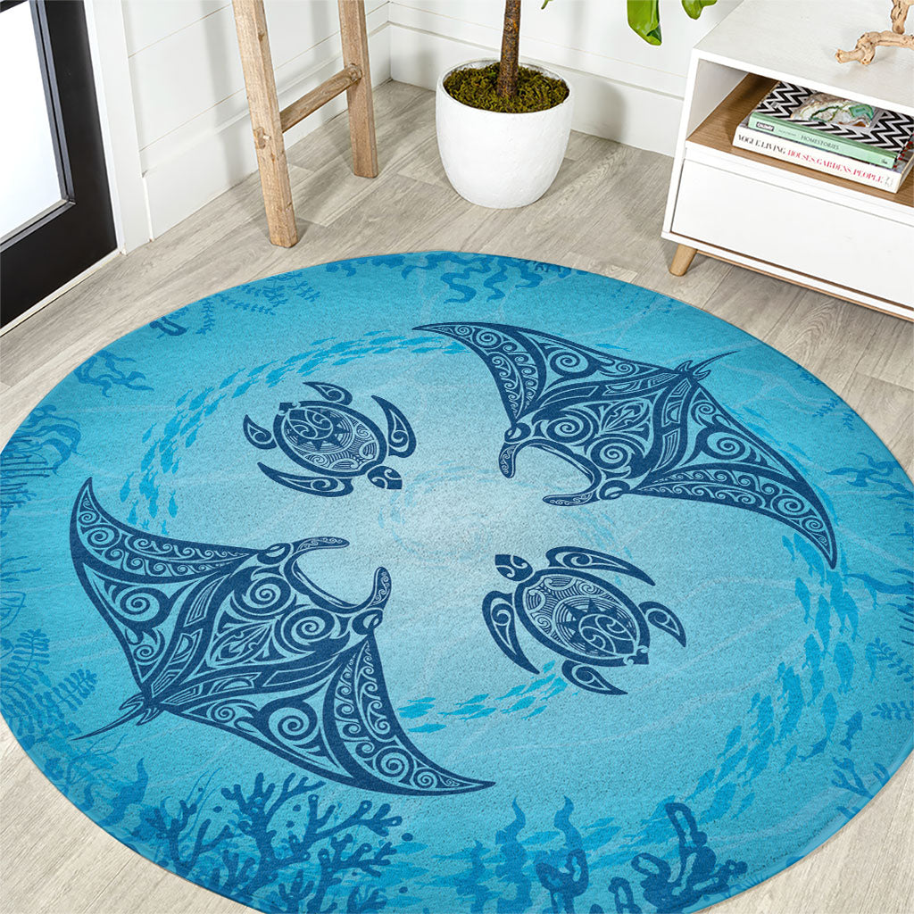 Hawaii Quilt Inspired Collection Aloha Sea Round Carpet Manta Ray and Turtles LT7 Cerulean - Polynesian Pride