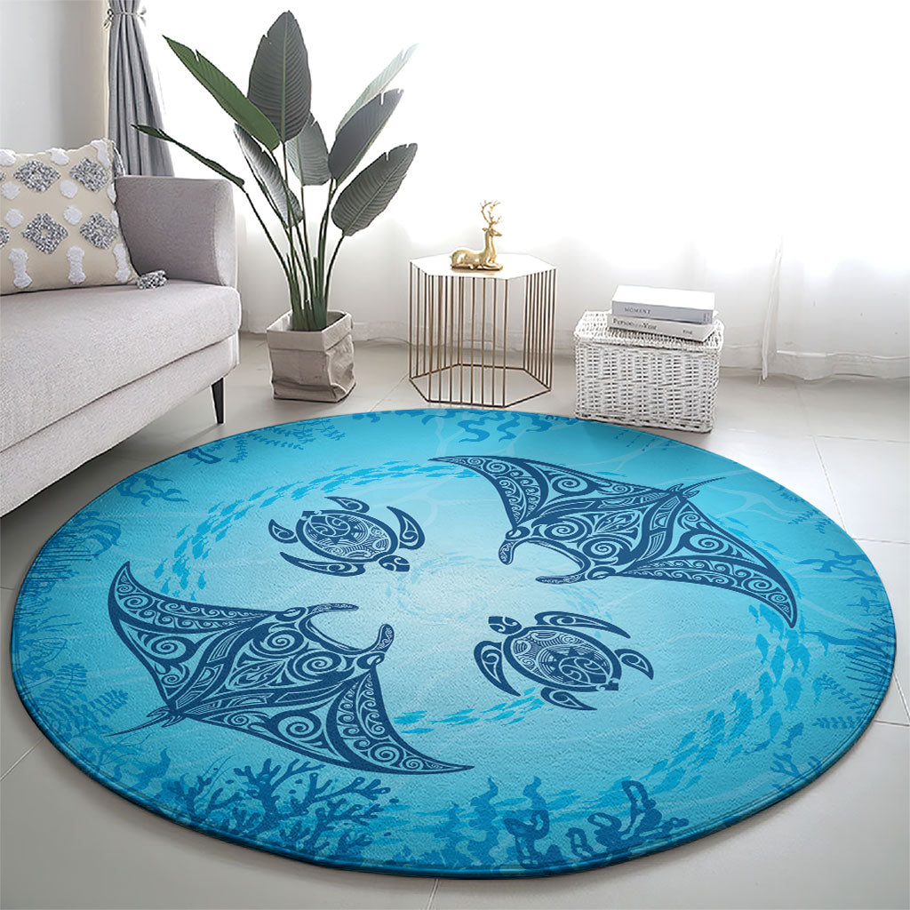 Hawaii Quilt Inspired Collection Aloha Sea Round Carpet Manta Ray and Turtles