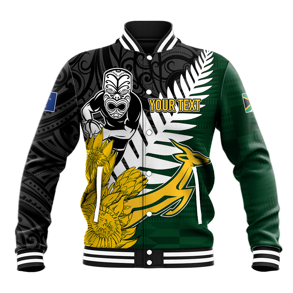 Personalised New Zealand Vs South Africa Rugby Baseball Jacket Rivals - Tribal Style LT7 Unisex Black Green - Polynesian Pride