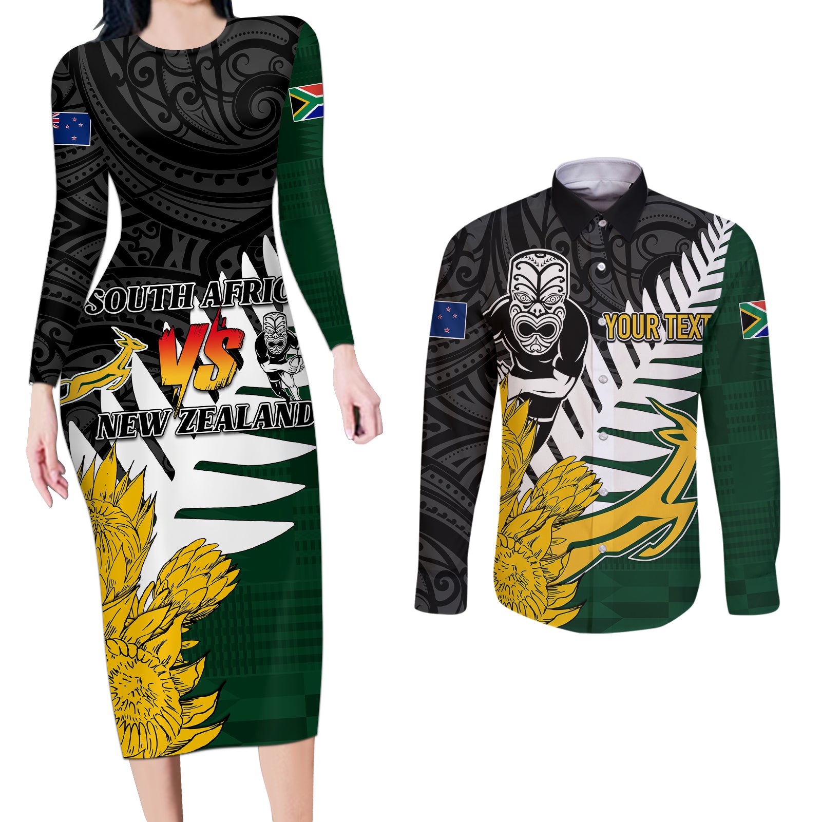 Personalised New Zealand Vs South Africa Rugby Couples Matching Long Sleeve Bodycon Dress and Long Sleeve Button Shirts Rivals - Tribal Style LT7 Black Green - Polynesian Pride