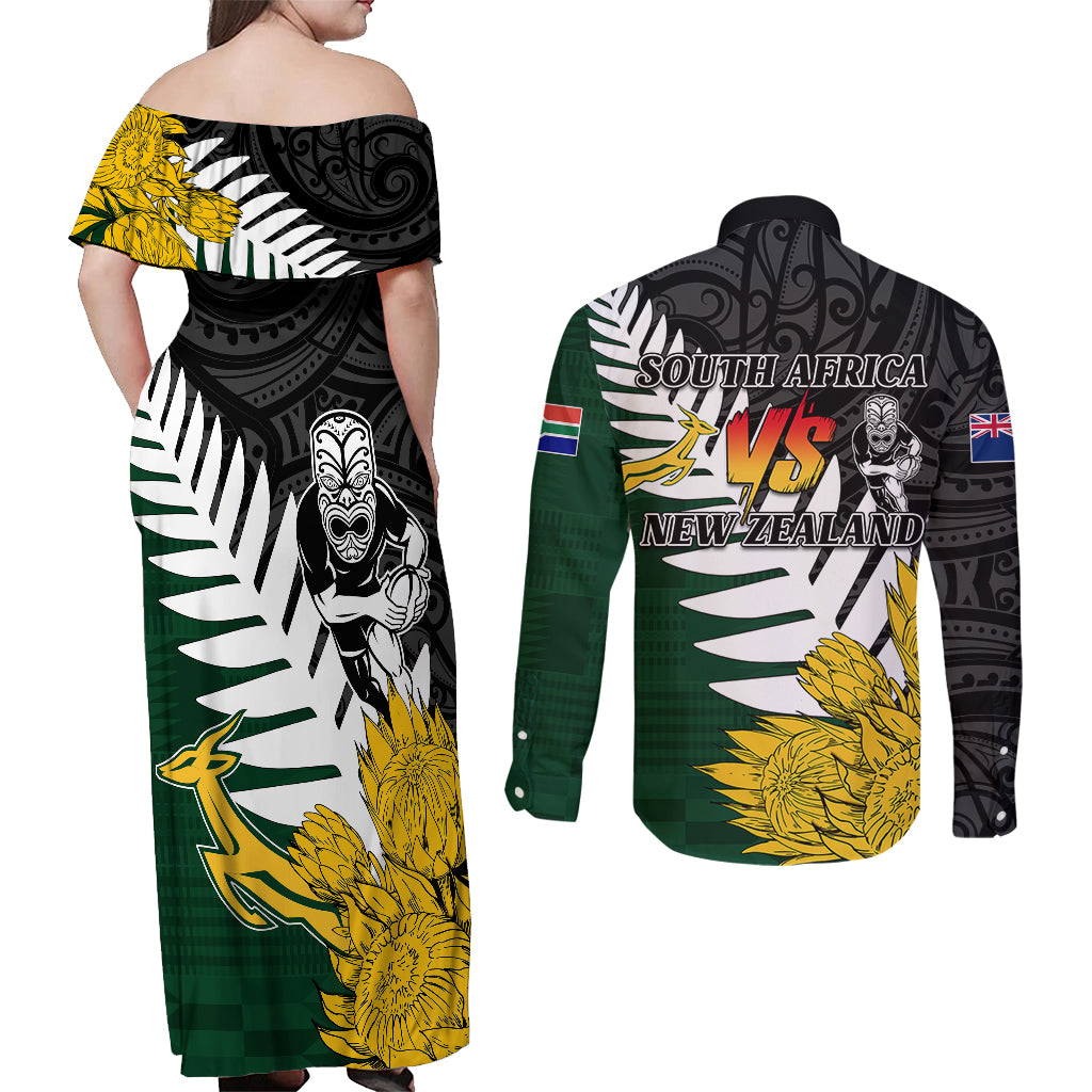 Personalised New Zealand Vs South Africa Rugby Couples Matching Off Shoulder Maxi Dress and Long Sleeve Button Shirts Rivals - Tribal Style LT7 - Polynesian Pride