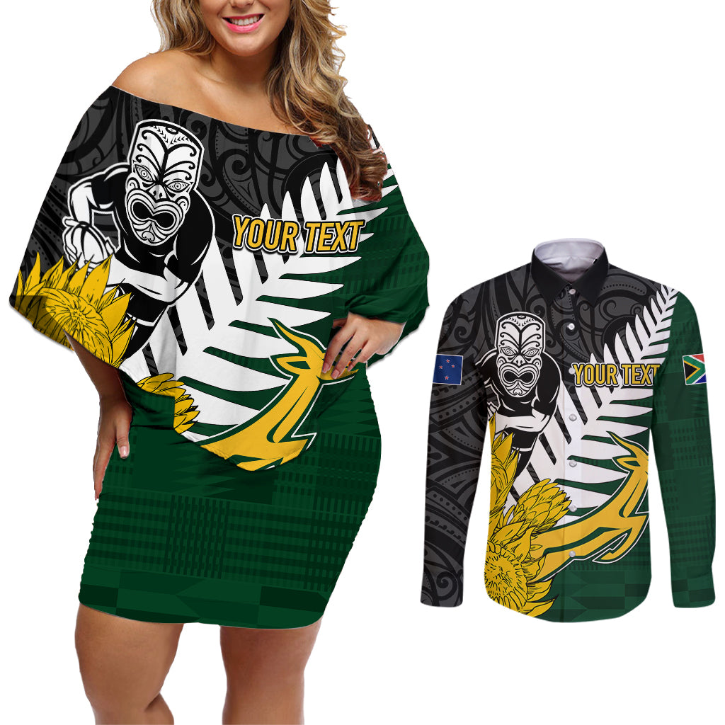 Personalised New Zealand Vs South Africa Rugby Couples Matching Off Shoulder Short Dress and Long Sleeve Button Shirts Rivals - Tribal Style LT7 Black Green - Polynesian Pride