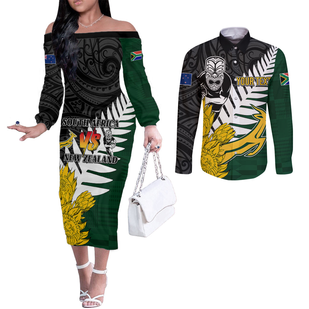 Personalised New Zealand Vs South Africa Rugby Couples Matching Off The Shoulder Long Sleeve Dress and Long Sleeve Button Shirts Rivals - Tribal Style LT7 Black Green - Polynesian Pride
