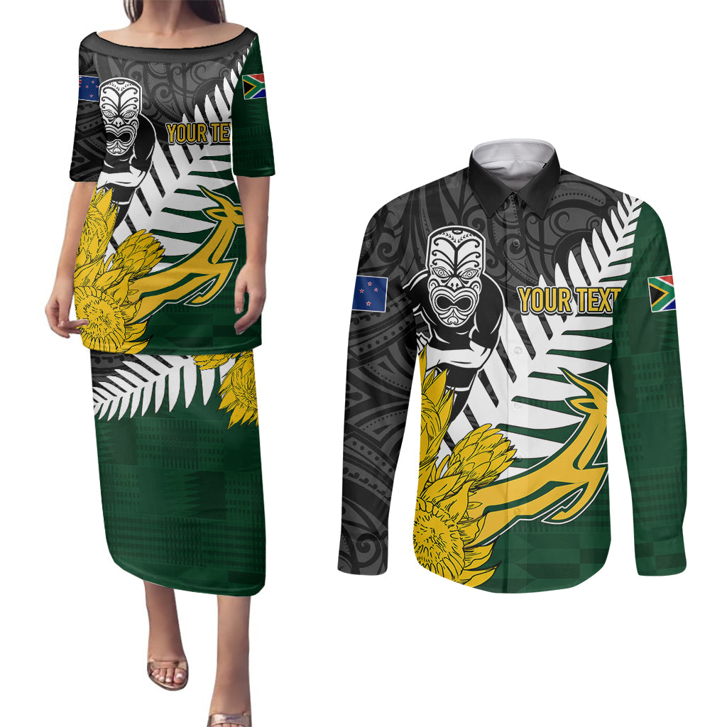 Personalised New Zealand Vs South Africa Rugby Couples Matching Puletasi Dress and Long Sleeve Button Shirts Rivals - Tribal Style LT7 Black Green - Polynesian Pride
