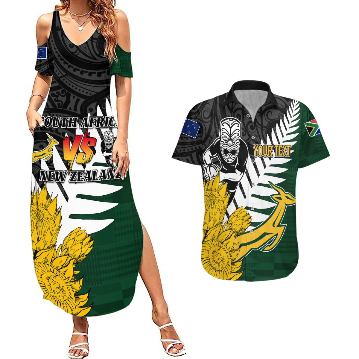 Personalised New Zealand Vs South Africa Rugby Couples Matching Summer Maxi Dress and Hawaiian Shirt Rivals - Tribal Style LT7 Black Green - Polynesian Pride