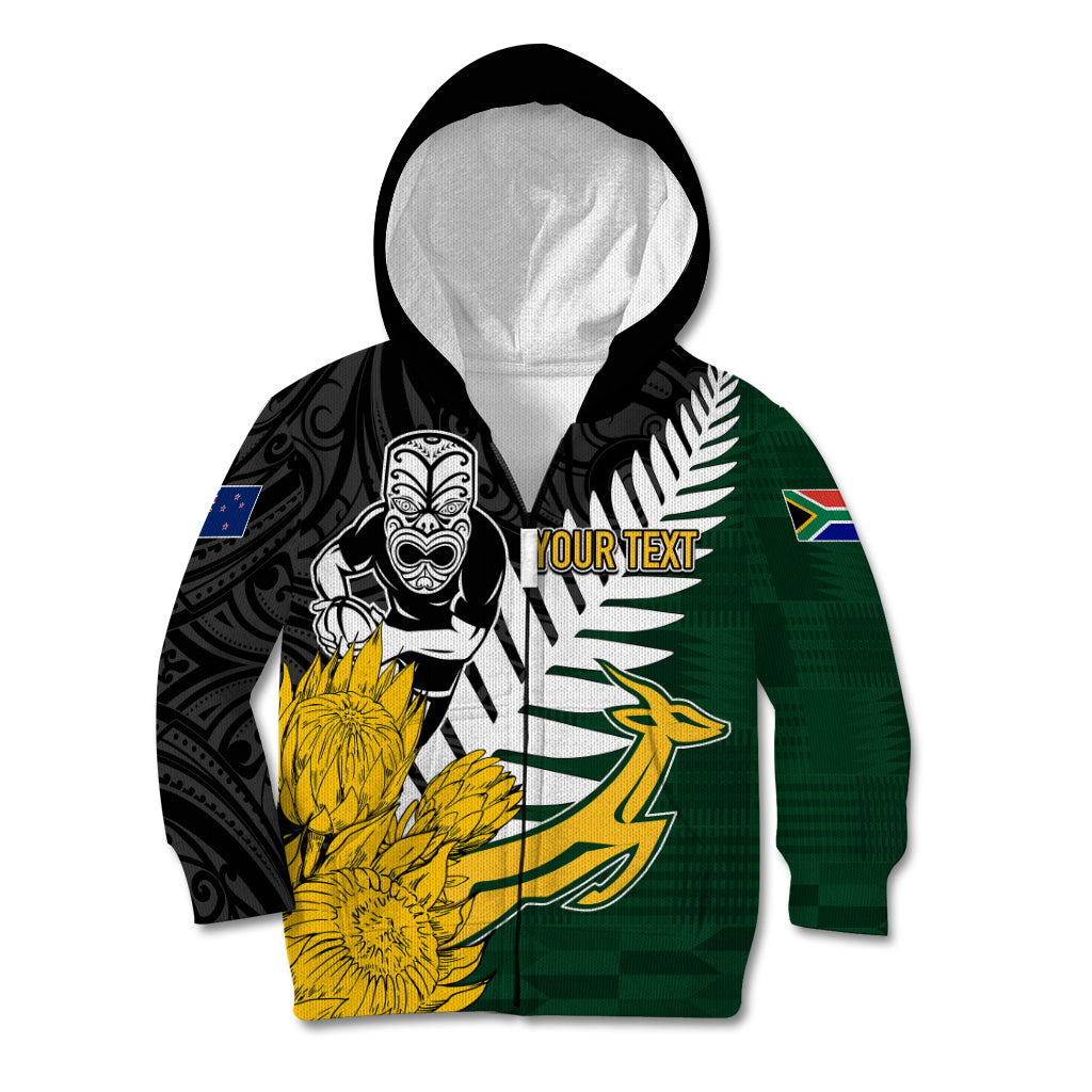 Personalised New Zealand Vs South Africa Rugby Kid Hoodie Rivals - Tribal Style LT7 Zip Hoodie Black Green - Polynesian Pride