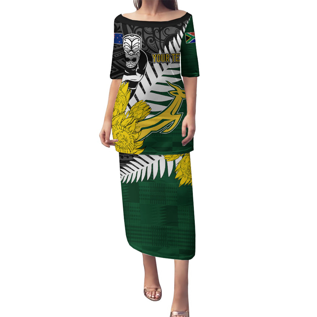 Personalised New Zealand Vs South Africa Rugby Puletasi Rivals - Tribal Style LT7 Long Dress Black Green - Polynesian Pride