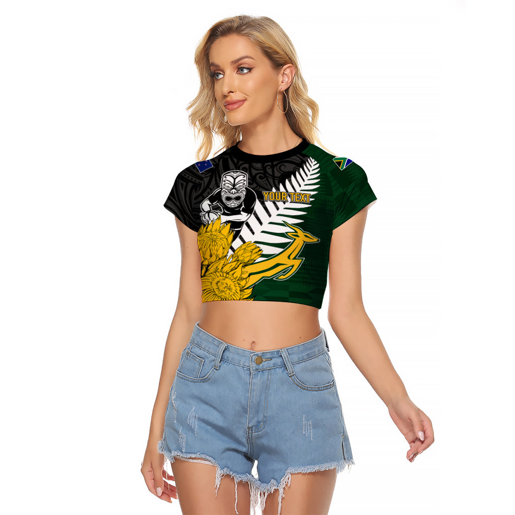 Personalised New Zealand Vs South Africa Rugby Raglan Cropped T Shirt Rivals - Tribal Style LT7 Female Black Green - Polynesian Pride