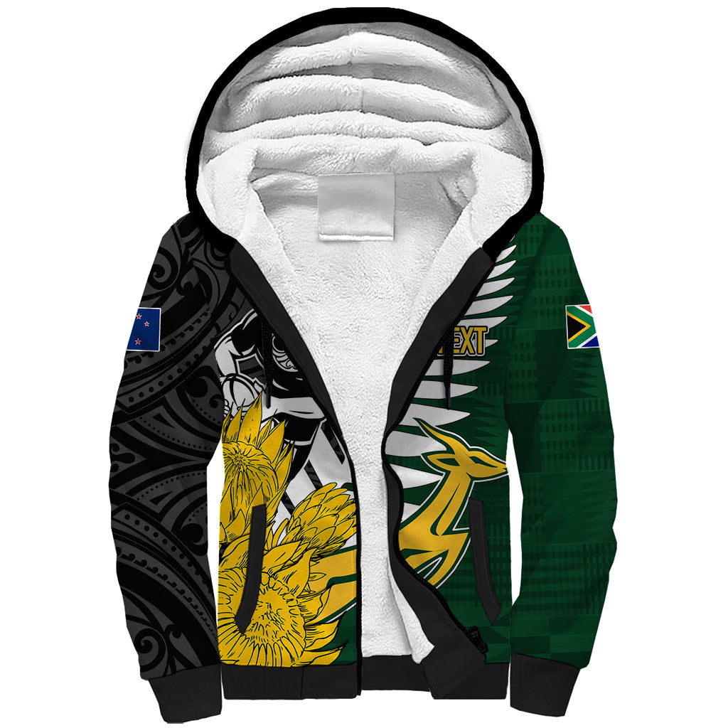 Personalised New Zealand Vs South Africa Rugby Sherpa Hoodie Rivals - Tribal Style LT7 Unisex Black Green - Polynesian Pride