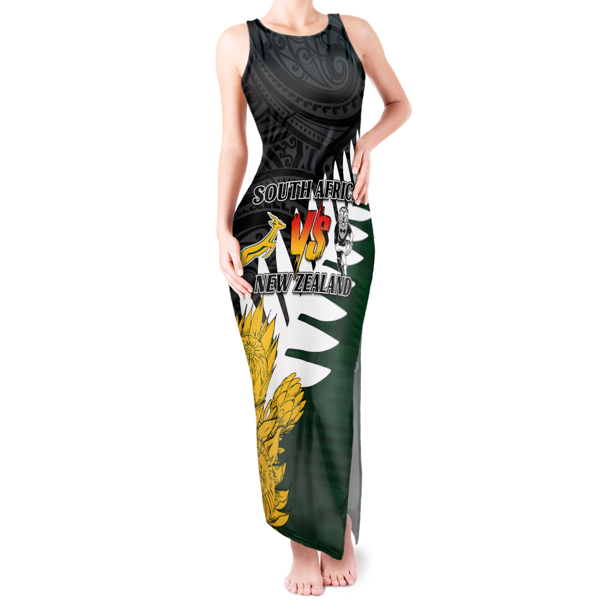 Personalised New Zealand Vs South Africa Rugby Tank Maxi Dress Rivals - Tribal Style LT7 Women Black Green - Polynesian Pride