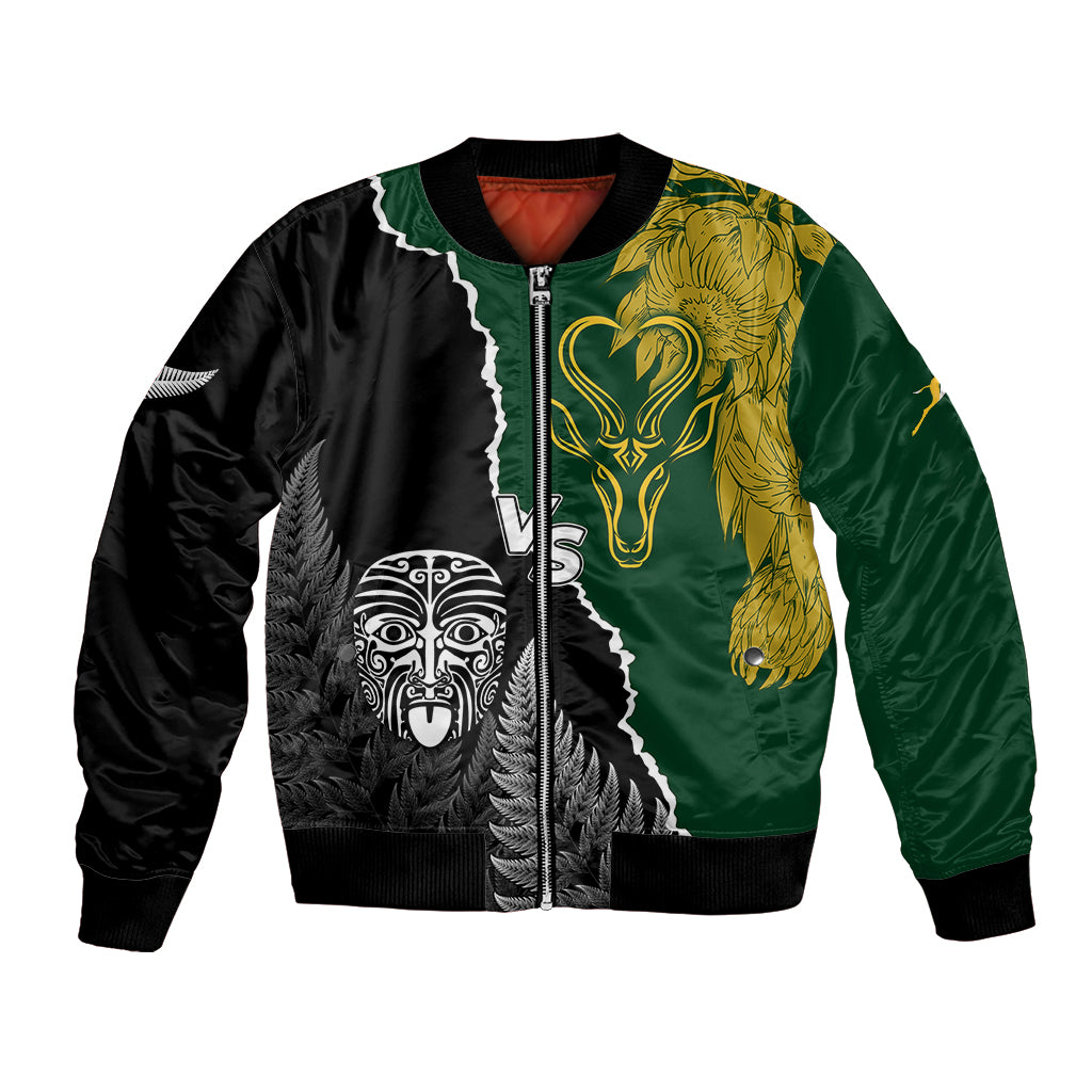 Personalised New Zealand Vs South Africa Rugby Bomber Jacket Rivals Dynamics LT7 Unisex Black Green - Polynesian Pride