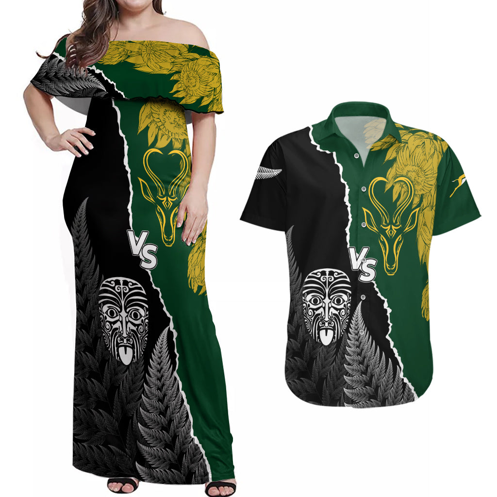 Personalised New Zealand Vs South Africa Rugby Couples Matching Off Shoulder Maxi Dress and Hawaiian Shirt Rivals Dynamics LT7 Black Green - Polynesian Pride