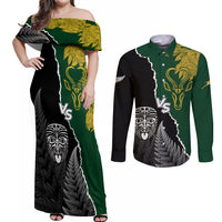 Personalised New Zealand Vs South Africa Rugby Couples Matching Off Shoulder Maxi Dress and Long Sleeve Button Shirts Rivals Dynamics LT7 Black Green - Polynesian Pride