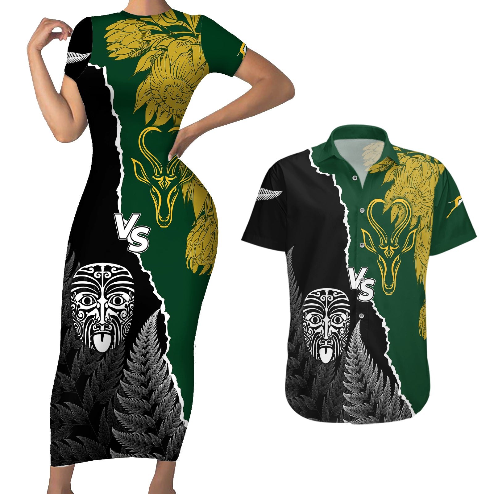 Personalised New Zealand Vs South Africa Rugby Couples Matching Short Sleeve Bodycon Dress and Hawaiian Shirt Rivals Dynamics LT7 Black Green - Polynesian Pride