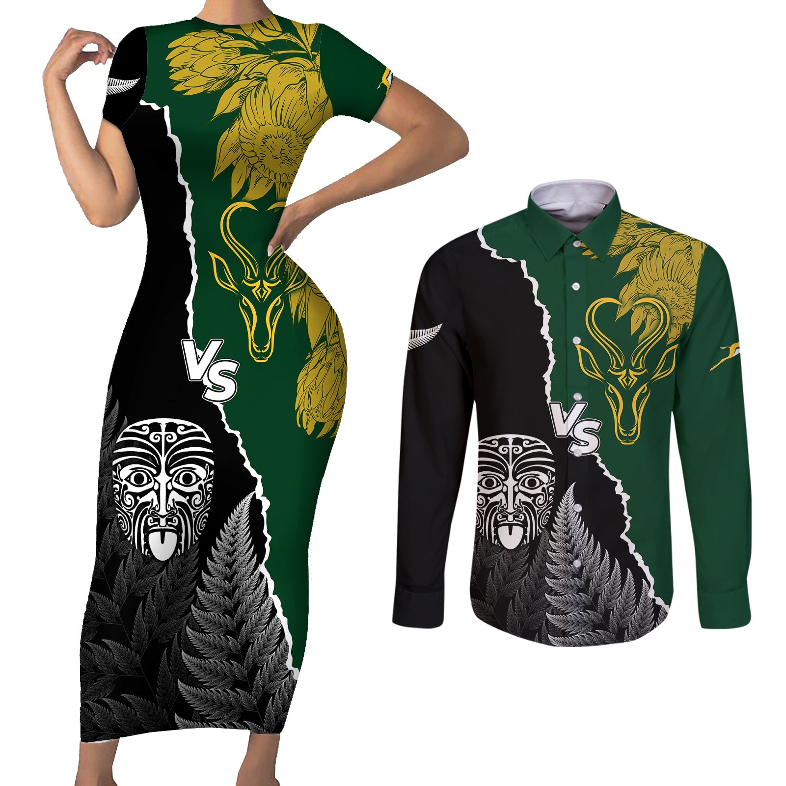 Personalised New Zealand Vs South Africa Rugby Couples Matching Short Sleeve Bodycon Dress and Long Sleeve Button Shirts Rivals Dynamics LT7 Black Green - Polynesian Pride