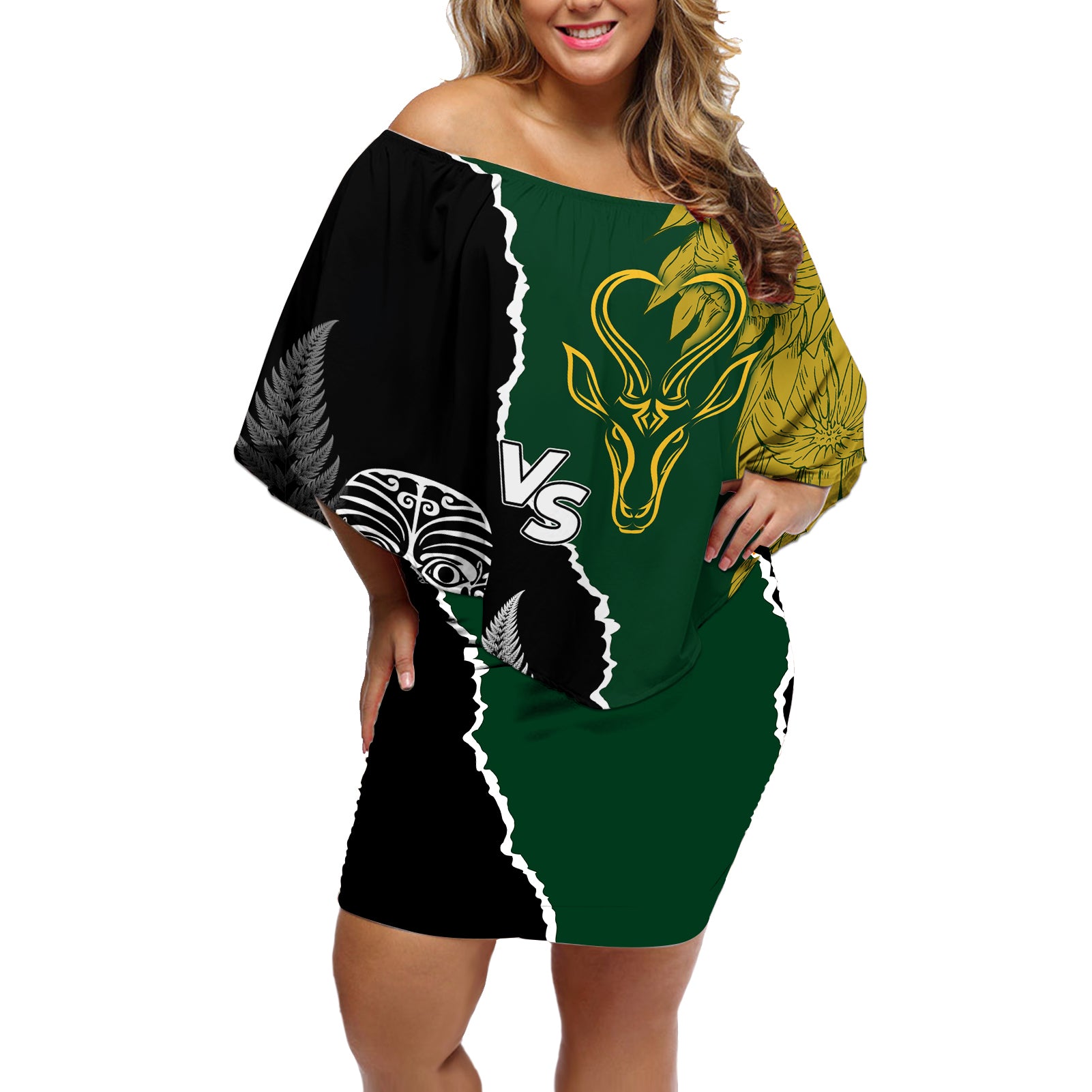 Personalised New Zealand Vs South Africa Rugby Off Shoulder Short Dress Rivals Dynamics LT7 Women Black Green - Polynesian Pride