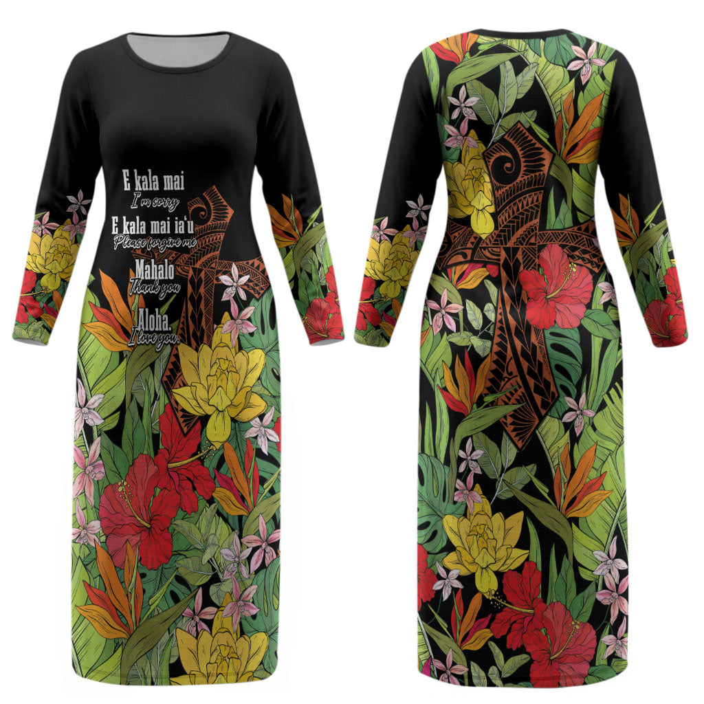 Mahalo Hawaii Ho'oponopono Pule Couples Matching Long Sleeve Bodycon Dress and Hawaiian Shirt Polynesian Pattern Cross LT7 - Polynesian Pride