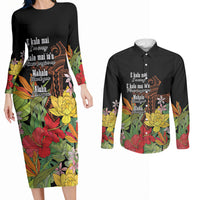 Mahalo Hawaii Ho'oponopono Pule Couples Matching Long Sleeve Bodycon Dress and Long Sleeve Button Shirt Polynesian Pattern Cross LT7 Black - Polynesian Pride