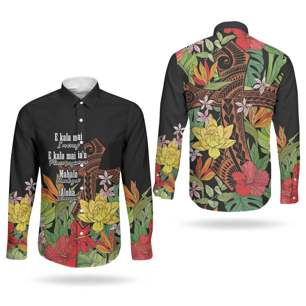 Mahalo Hawaii Ho'oponopono Pule Couples Matching Long Sleeve Bodycon Dress and Long Sleeve Button Shirt Polynesian Pattern Cross LT7 - Polynesian Pride