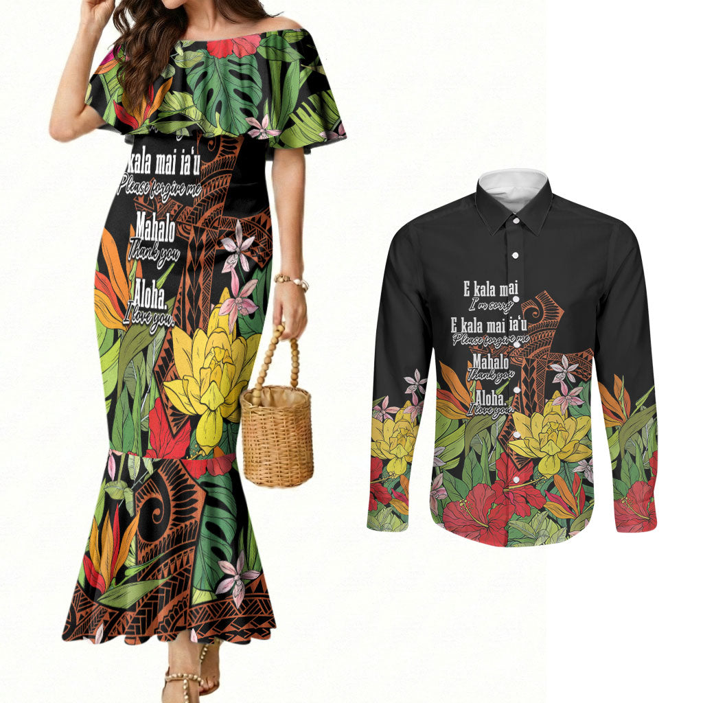 Mahalo Hawaii Ho'oponopono Pule Couples Matching Mermaid Dress and Long Sleeve Button Shirt Polynesian Pattern Cross LT7 Black - Polynesian Pride