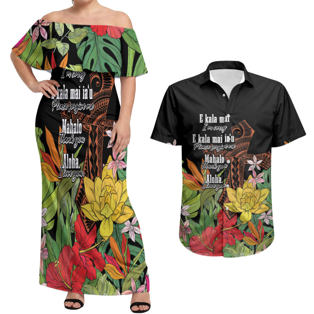 Mahalo Hawaii Ho'oponopono Pule Couples Matching Off Shoulder Maxi Dress and Hawaiian Shirt Polynesian Pattern Cross