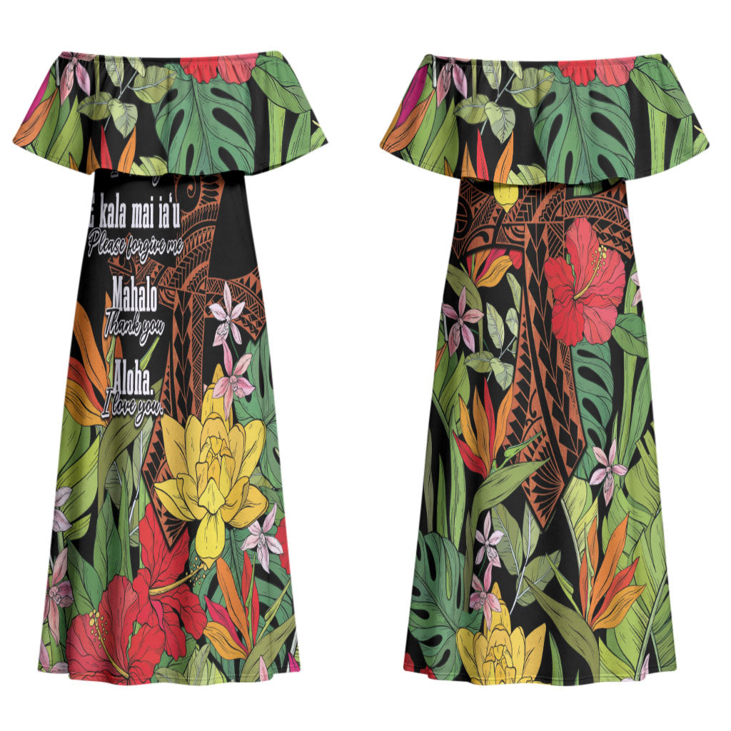 Mahalo Hawaii Ho'oponopono Pule Couples Matching Off Shoulder Maxi Dress and Hawaiian Shirt Polynesian Pattern Cross LT7 - Polynesian Pride