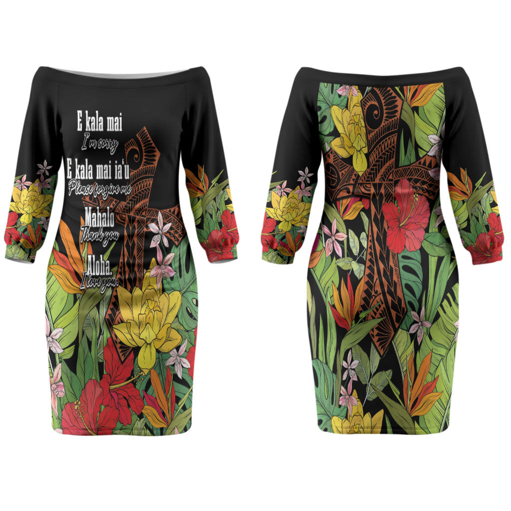 Mahalo Hawaii Ho'oponopono Pule Couples Matching Off The Shoulder Long Sleeve Dress and Hawaiian Shirt Polynesian Pattern Cross LT7 - Polynesian Pride