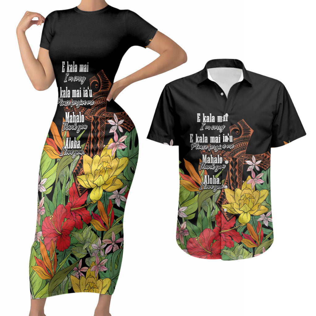 Mahalo Hawaii Ho'oponopono Pule Couples Matching Short Sleeve Bodycon Dress and Hawaiian Shirt Polynesian Pattern Cross LT7 Black - Polynesian Pride