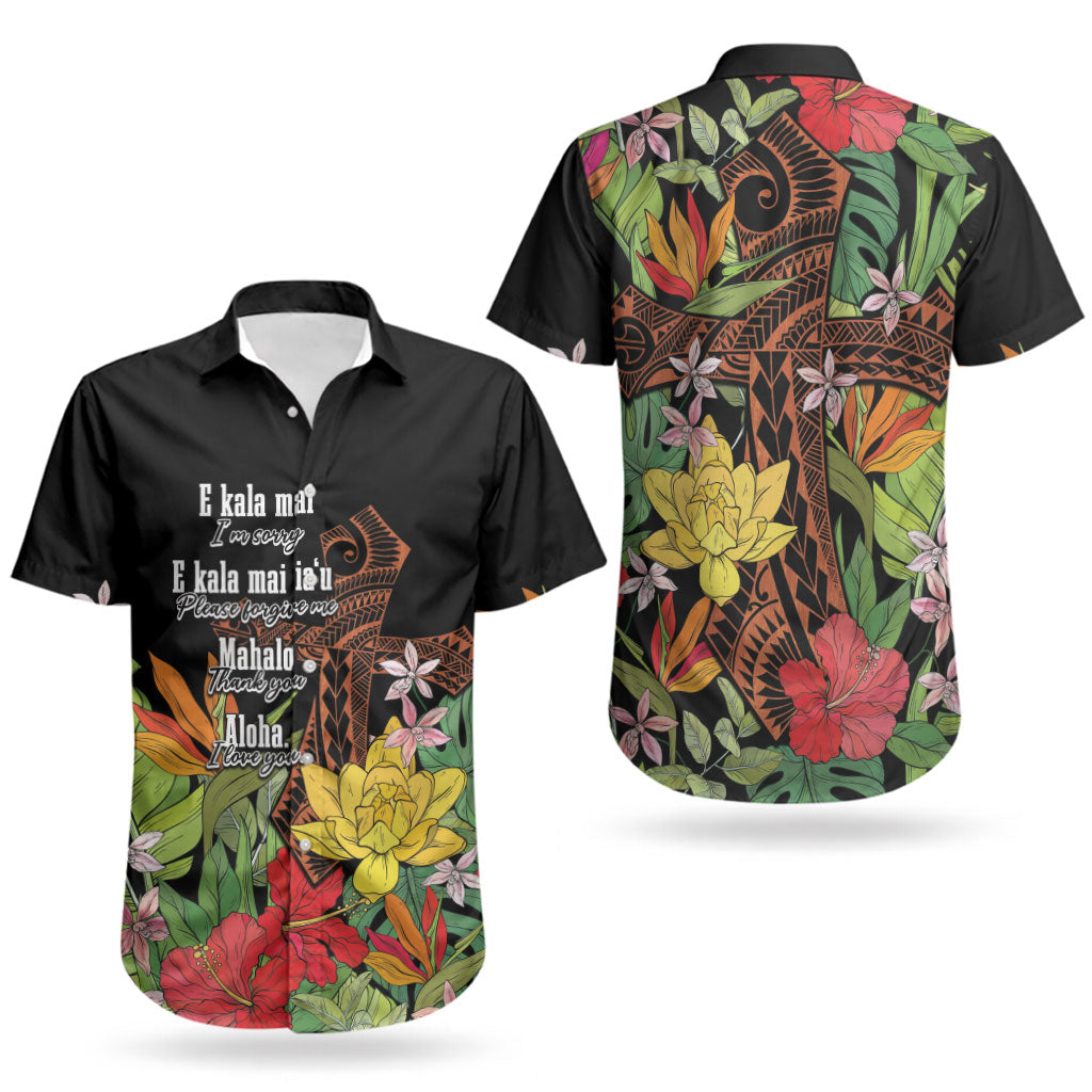 Mahalo Hawaii Ho'oponopono Pule Couples Matching Short Sleeve Bodycon Dress and Hawaiian Shirt Polynesian Pattern Cross LT7 - Polynesian Pride