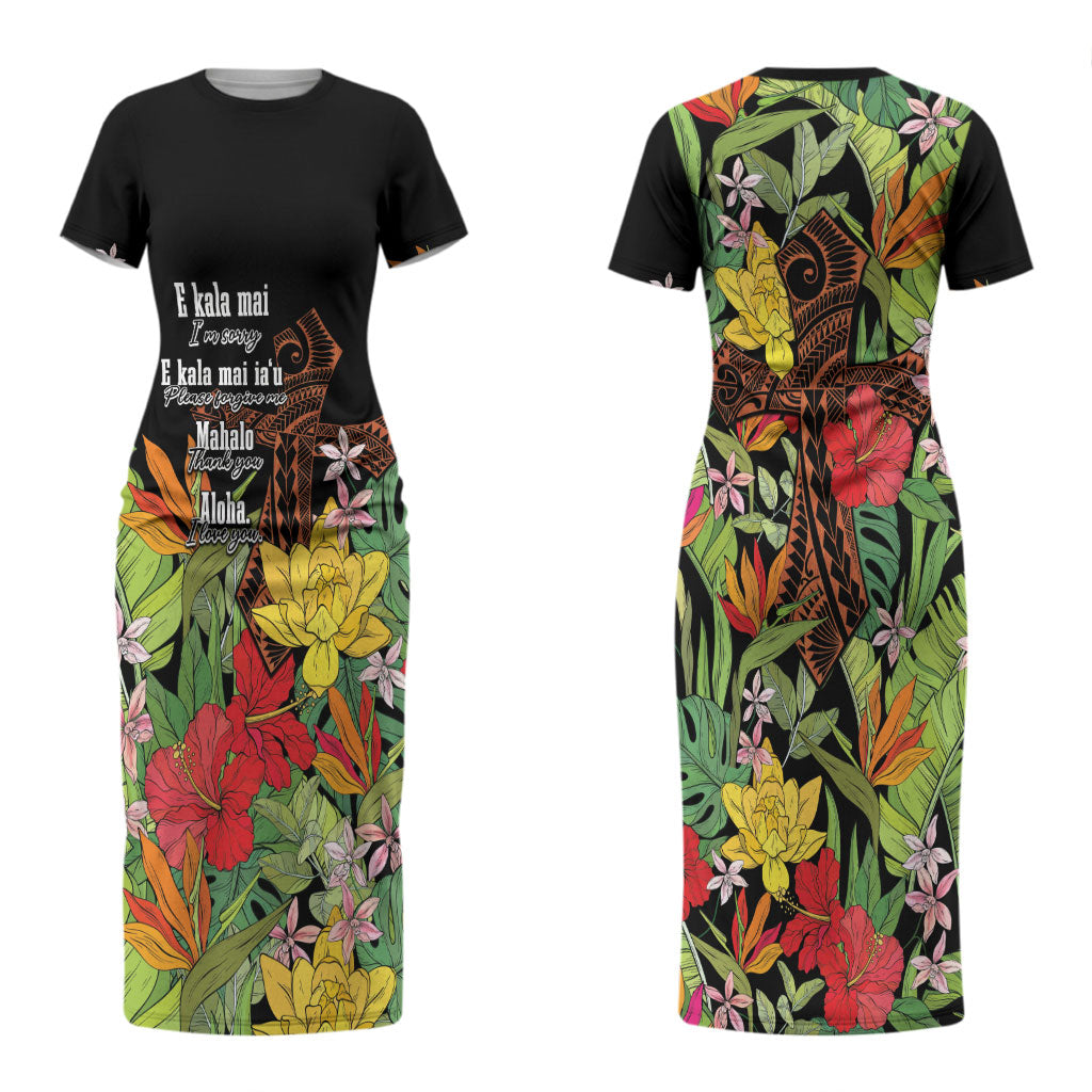 Mahalo Hawaii Ho'oponopono Pule Couples Matching Short Sleeve Bodycon Dress and Hawaiian Shirt Polynesian Pattern Cross LT7 - Polynesian Pride