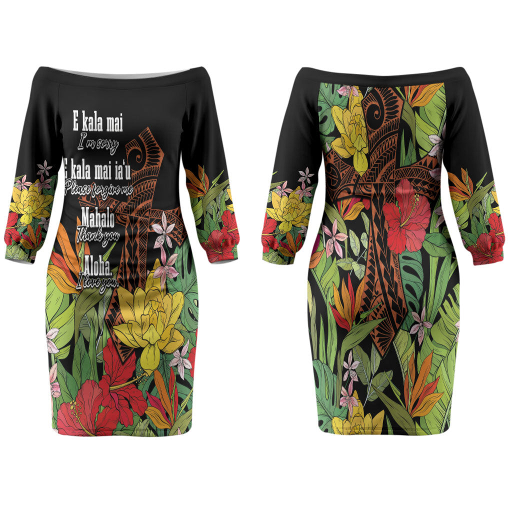 Mahalo Hawaii Ho'oponopono Pule Family Matching Off The Shoulder Long Sleeve Dress and Hawaiian Shirt Polynesian Pattern Cross LT7 Mom's Dress Black - Polynesian Pride