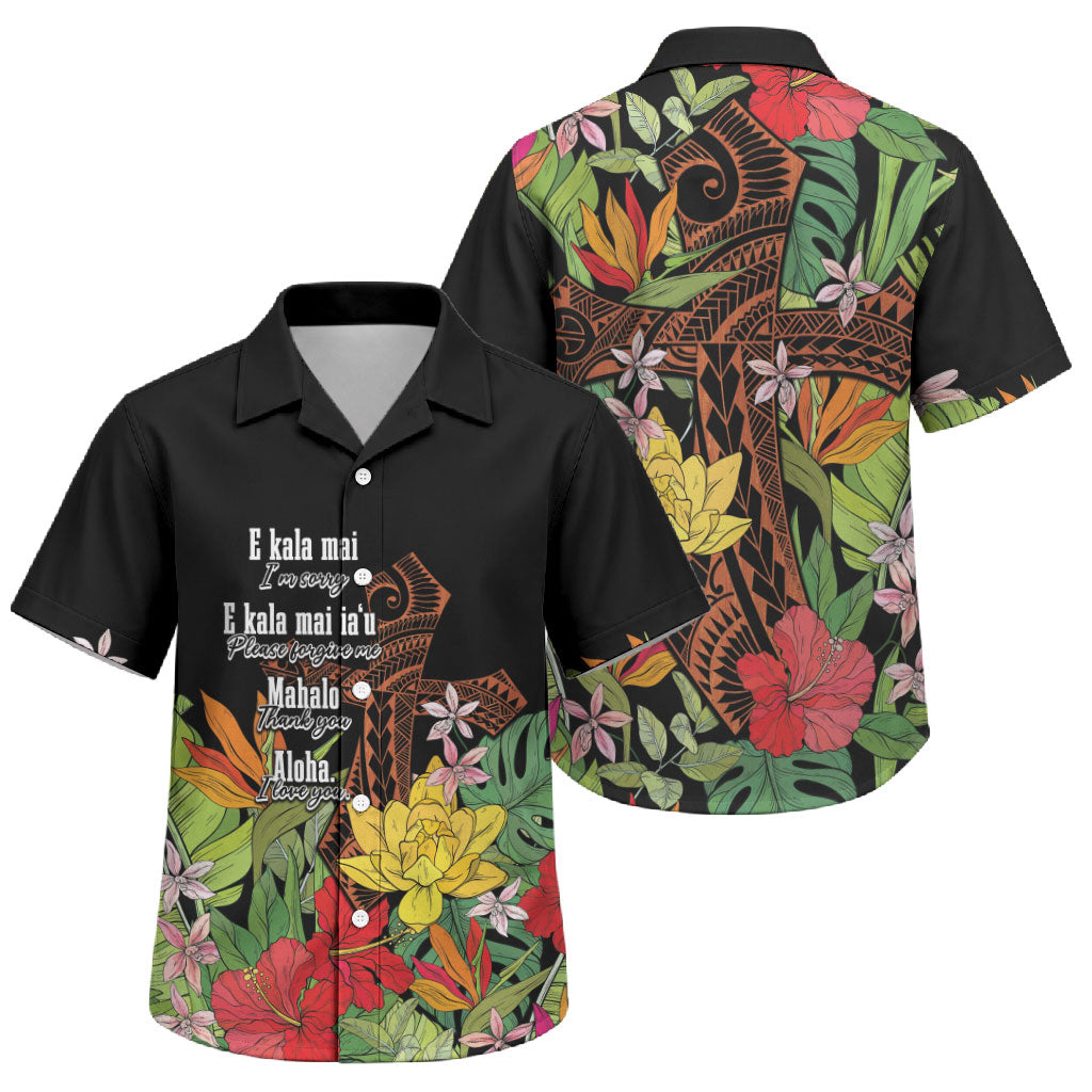 Mahalo Hawaii Ho'oponopono Pule Family Matching Off Shoulder Maxi Dress and Hawaiian Shirt Polynesian Pattern Cross LT7 Son's Shirt Black - Polynesian Pride