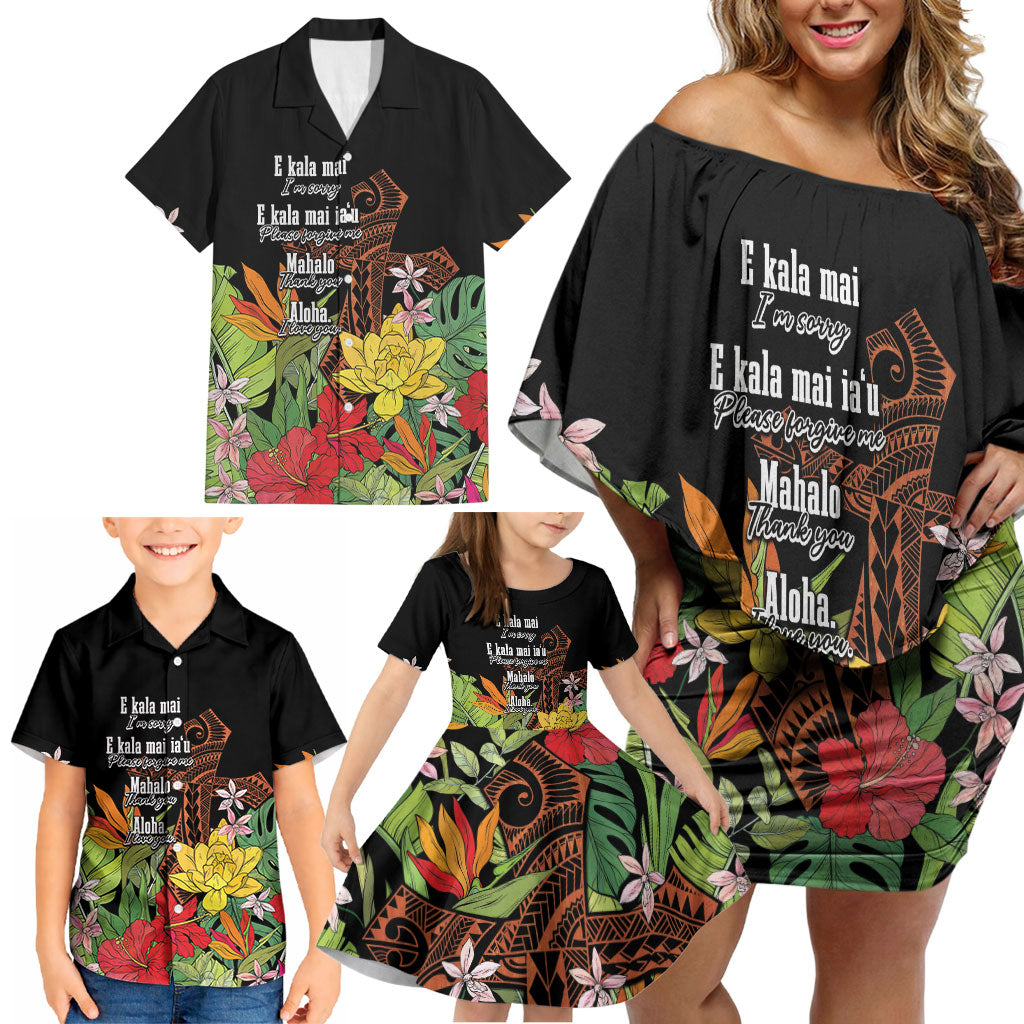 Mahalo Hawaii Ho'oponopono Pule Family Matching Off Shoulder Short Dress and Hawaiian Shirt Polynesian Pattern Cross LT7 - Polynesian Pride