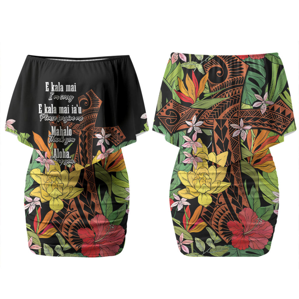 Mahalo Hawaii Ho'oponopono Pule Family Matching Off Shoulder Short Dress and Hawaiian Shirt Polynesian Pattern Cross LT7 Mom's Dress Black - Polynesian Pride