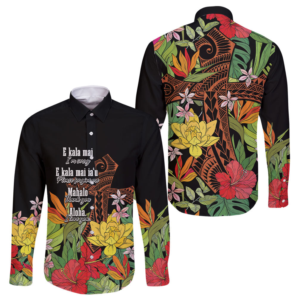 Mahalo Hawaii Ho'oponopono Pule Family Matching Off Shoulder Short Dress and Hawaiian Shirt Polynesian Pattern Cross LT7 Dad's Shirt - Long Sleeve Black - Polynesian Pride