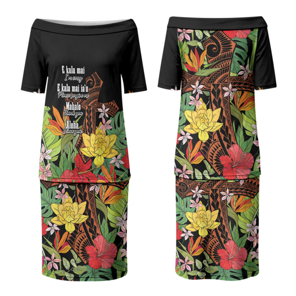 Mahalo Hawaii Ho'oponopono Pule Family Matching Puletasi and Hawaiian Shirt Polynesian Pattern Cross LT7 Mom's Dress Black - Polynesian Pride