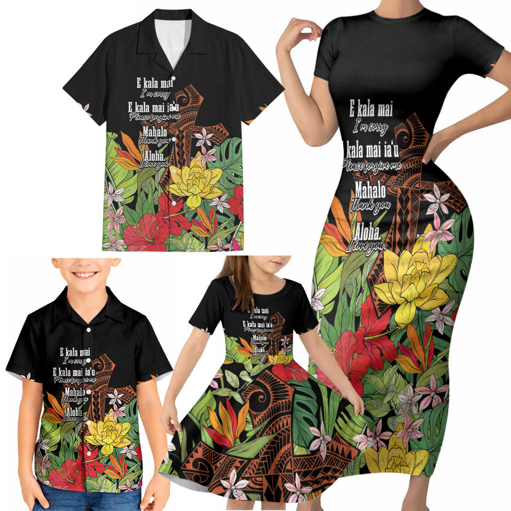 Mahalo Hawaii Ho'oponopono Pule Family Matching Short Sleeve Bodycon Dress and Hawaiian Shirt Polynesian Pattern Cross LT7 - Polynesian Pride