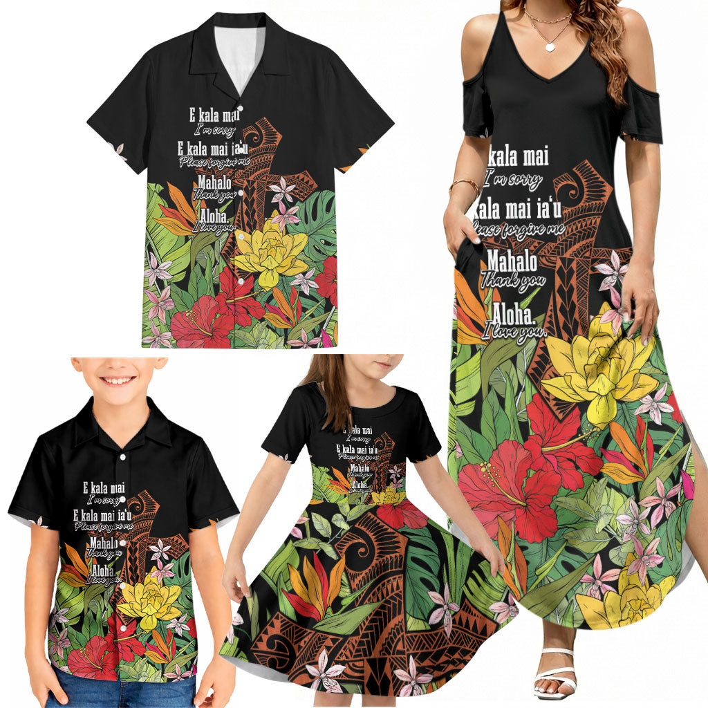 Mahalo Hawaii Ho'oponopono Pule Family Matching Summer Maxi Dress and Hawaiian Shirt Polynesian Pattern Cross LT7 - Polynesian Pride