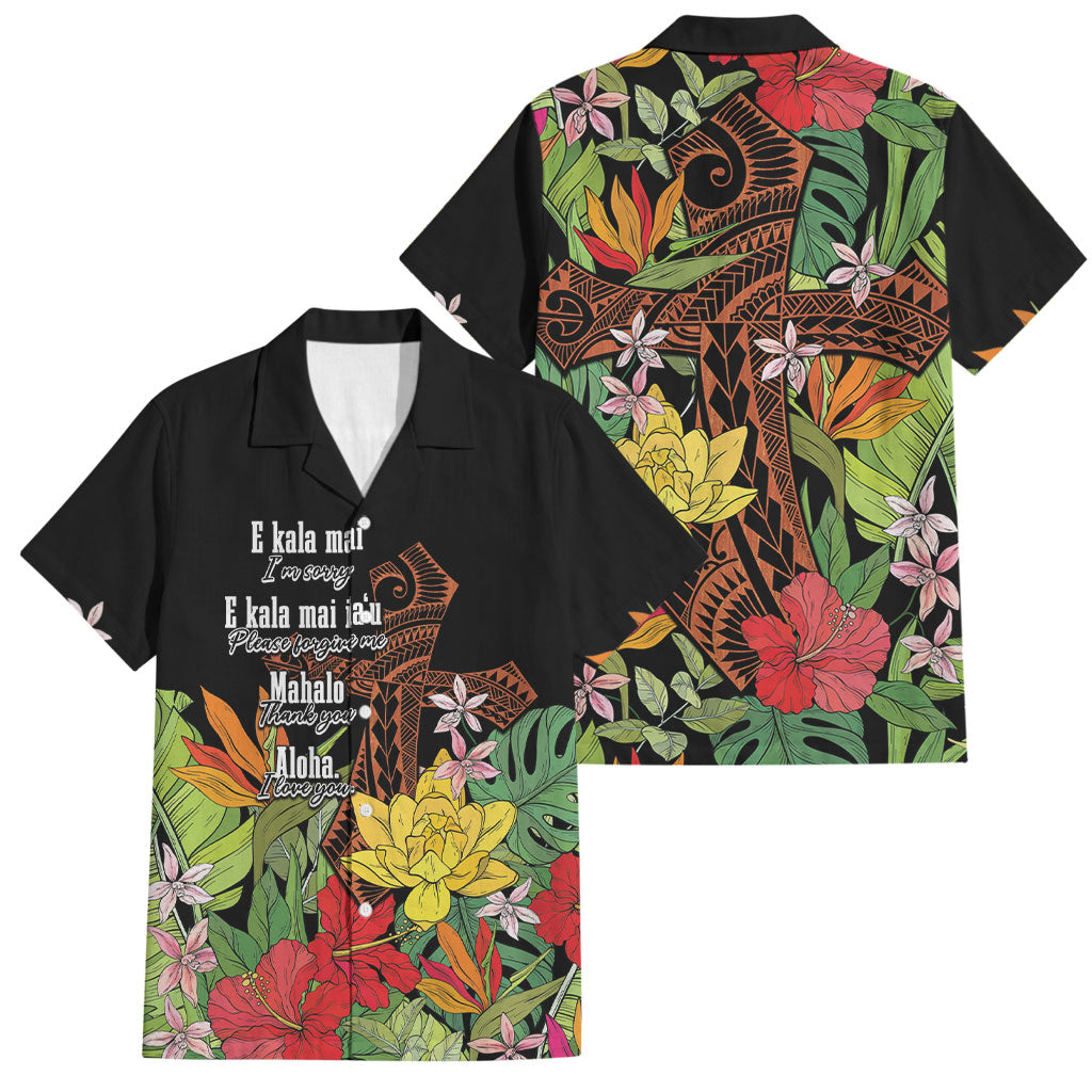 Mahalo Hawaii Ho'oponopono Pule Family Matching Summer Maxi Dress and Hawaiian Shirt Polynesian Pattern Cross LT7 Dad's Shirt - Short Sleeve Black - Polynesian Pride