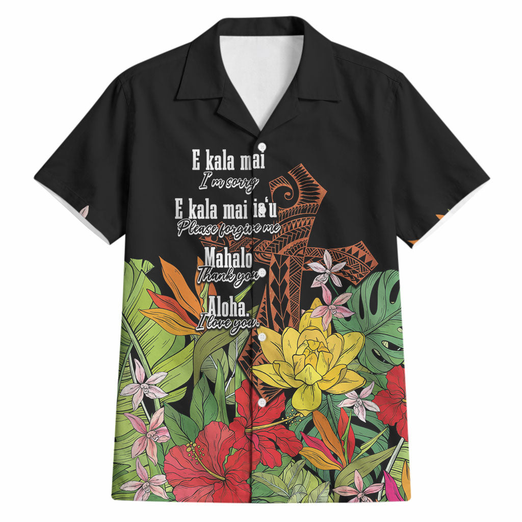 Mahalo Hawaii Ho'oponopono Pule Hawaiian Shirt Polynesian Pattern Cross LT7 Black - Polynesian Pride