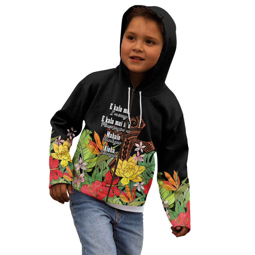 Mahalo Hawaii Ho'oponopono Pule Kid Hoodie Polynesian Pattern Cross LT7 - Polynesian Pride
