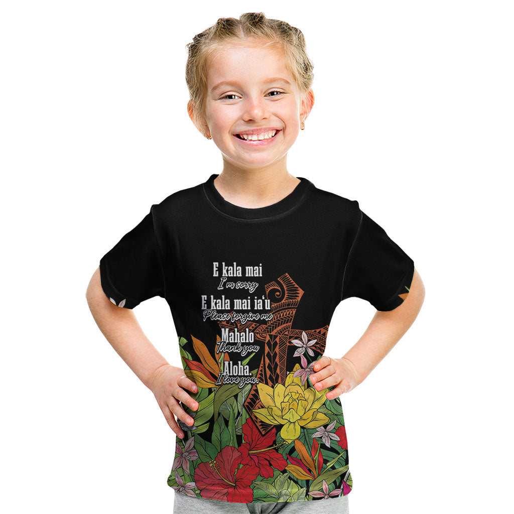 Mahalo Hawaii Ho'oponopono Pule Kid T Shirt Polynesian Pattern Cross LT7 Black - Polynesian Pride