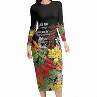 Mahalo Hawaii Ho'oponopono Pule Long Sleeve Bodycon Dress Polynesian Pattern Cross LT7 Long Dress Black - Polynesian Pride
