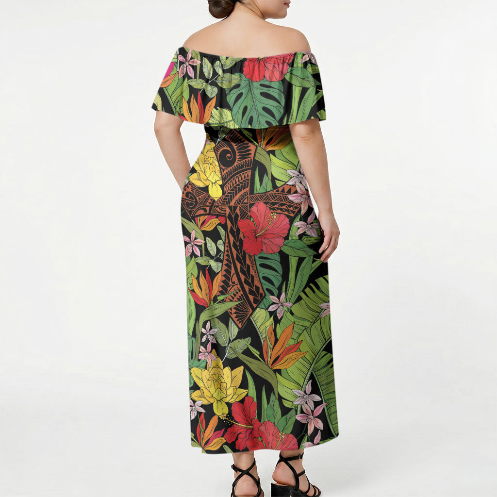 Mahalo Hawaii Ho'oponopono Pule Off Shoulder Maxi Dress Polynesian Pattern Cross LT7 - Polynesian Pride